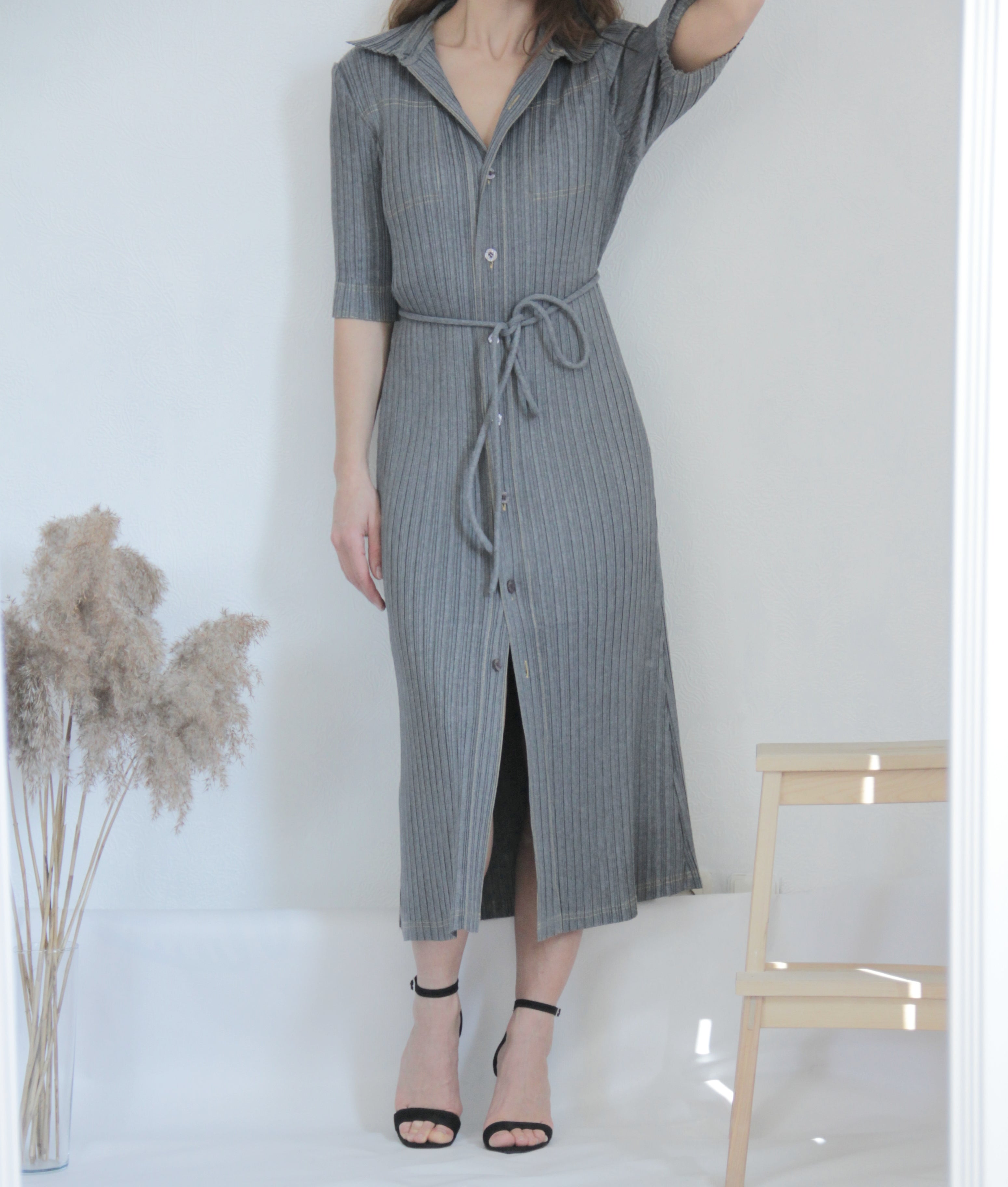 Adolfo Dominguez Pleated Gray Midi Shirt Dress, Size M