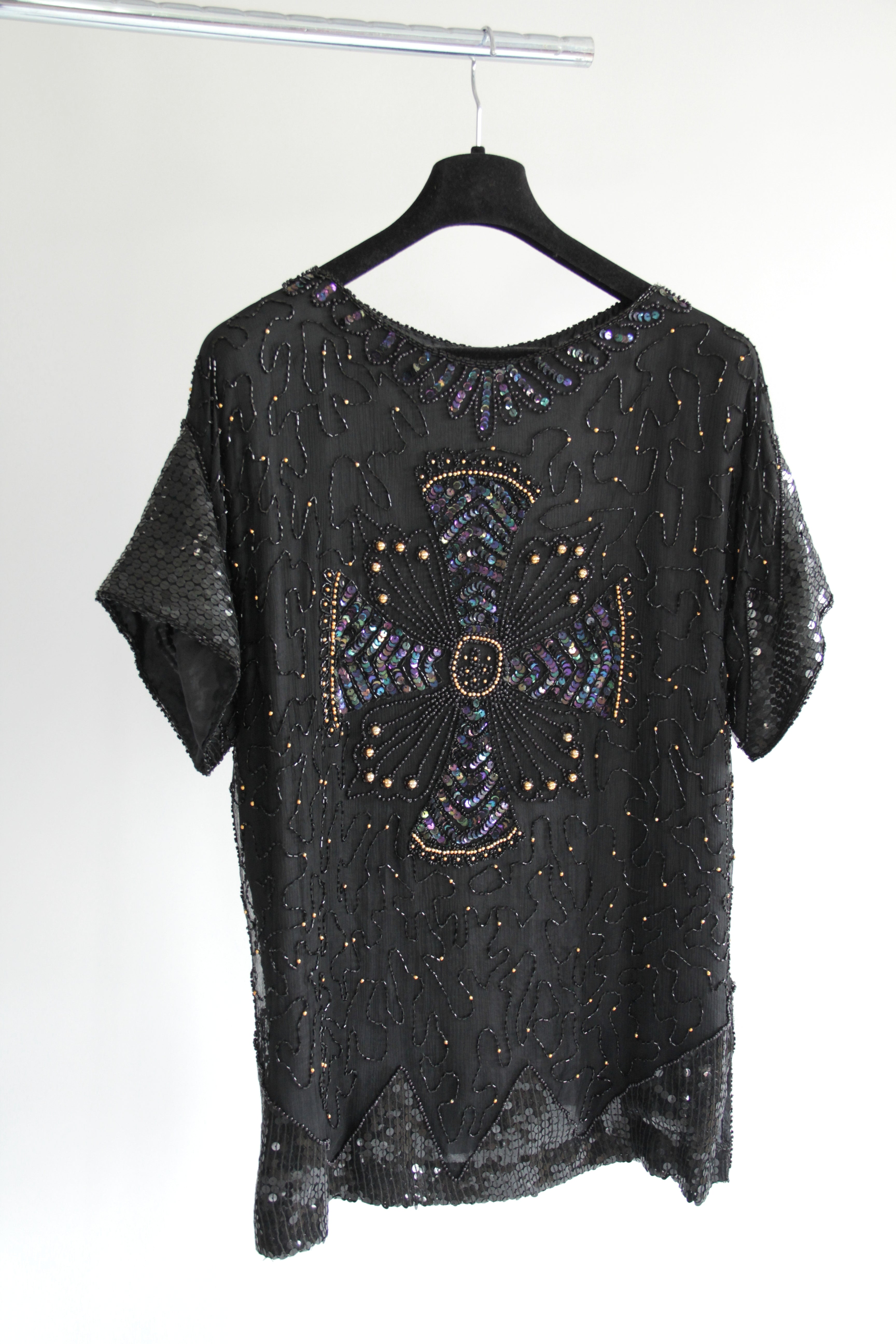 Black 100% Silk Sequin & Bead Embellished T-Shirt Heraldic Celtic Cross Motif