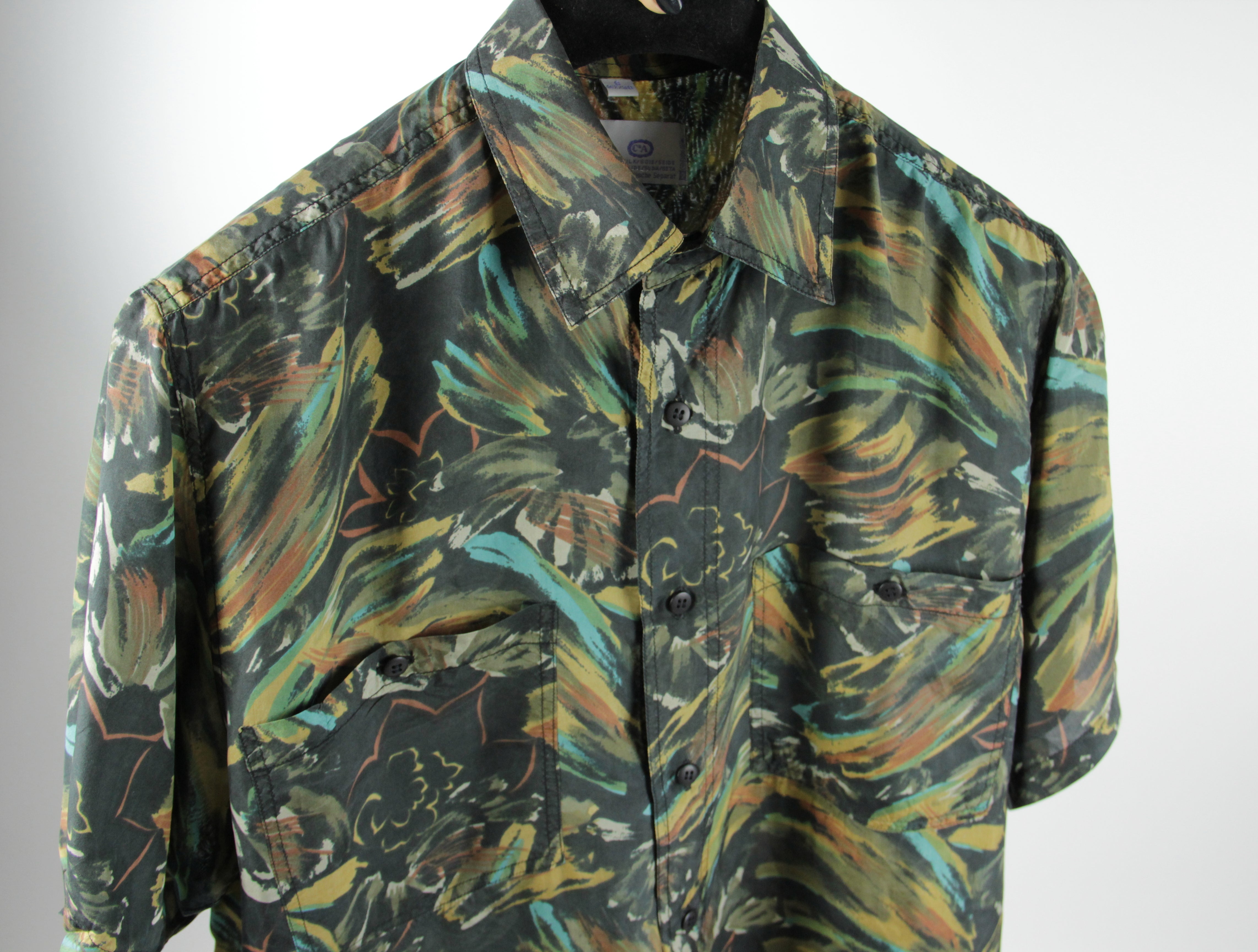 Vintage 100% Silk Khaki Green Floral / Camo Print Shirt, SIZE M