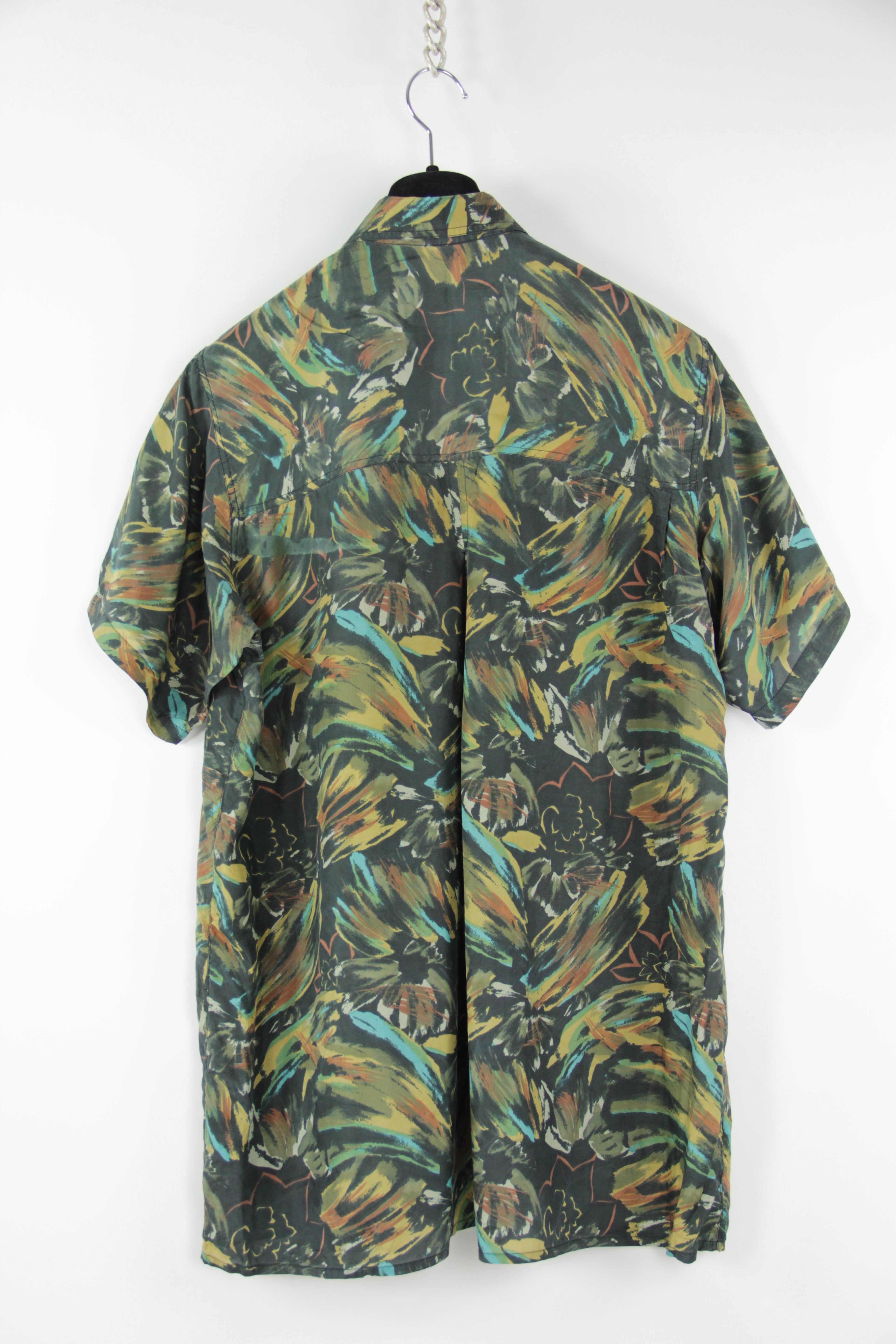 Vintage Men's 100% Silk Khaki Green Floral / Camo Print Shirt, SIZE S