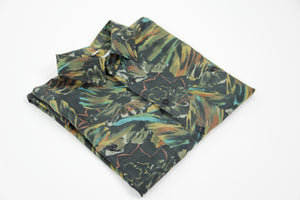 Vintage Men's 100% Silk Khaki Green Floral / Camo Print Shirt, SIZE S
