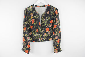 Floral Silk Puff Sleeve Crop Jacket With Pearl Shell Buttons
