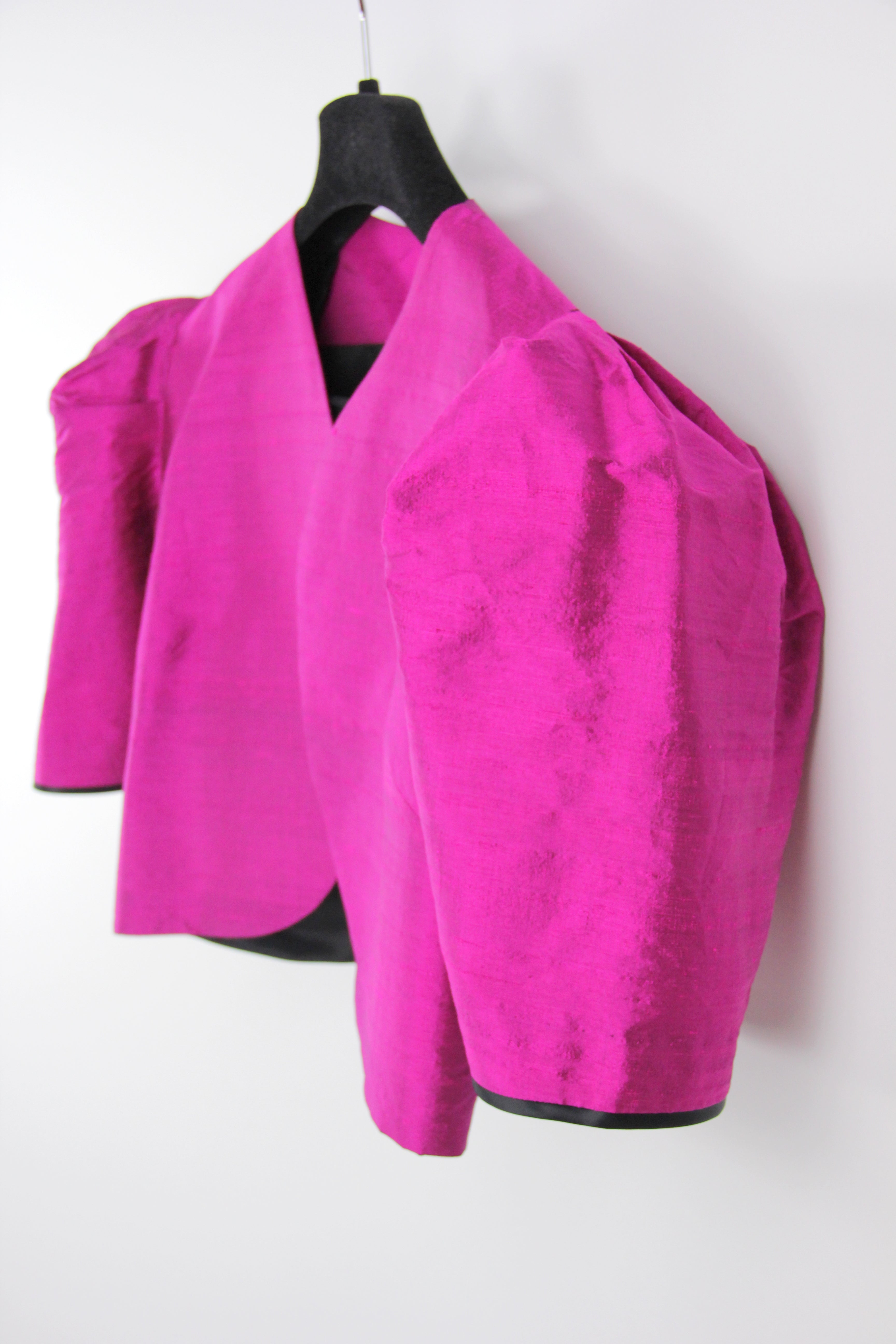 Fancy Silk Fuchsia Puff Shoulder Sleeve Cropped Jacket