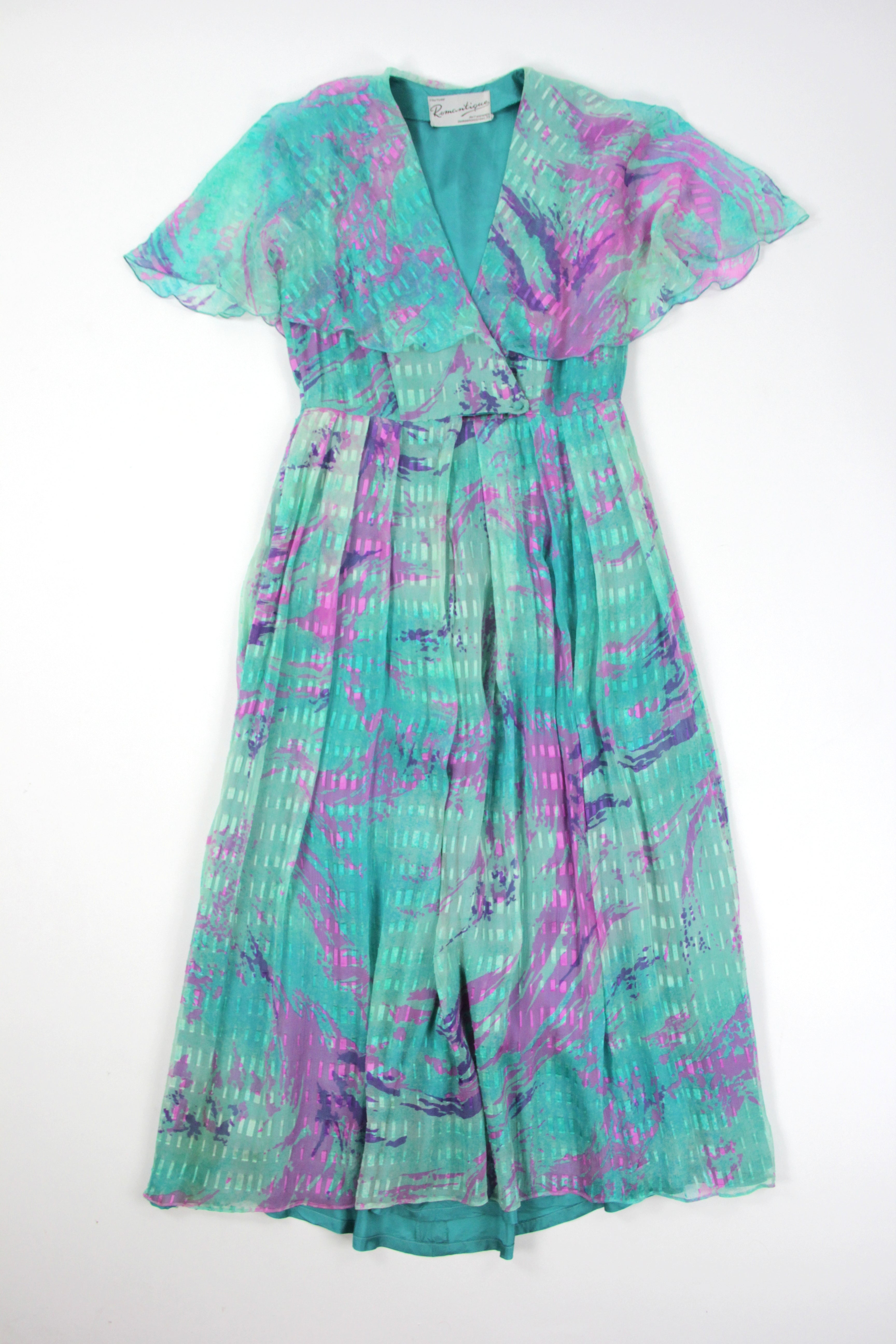 Vintage 70's Silk Abstract Watercolor Print Maxi Dress, Size M