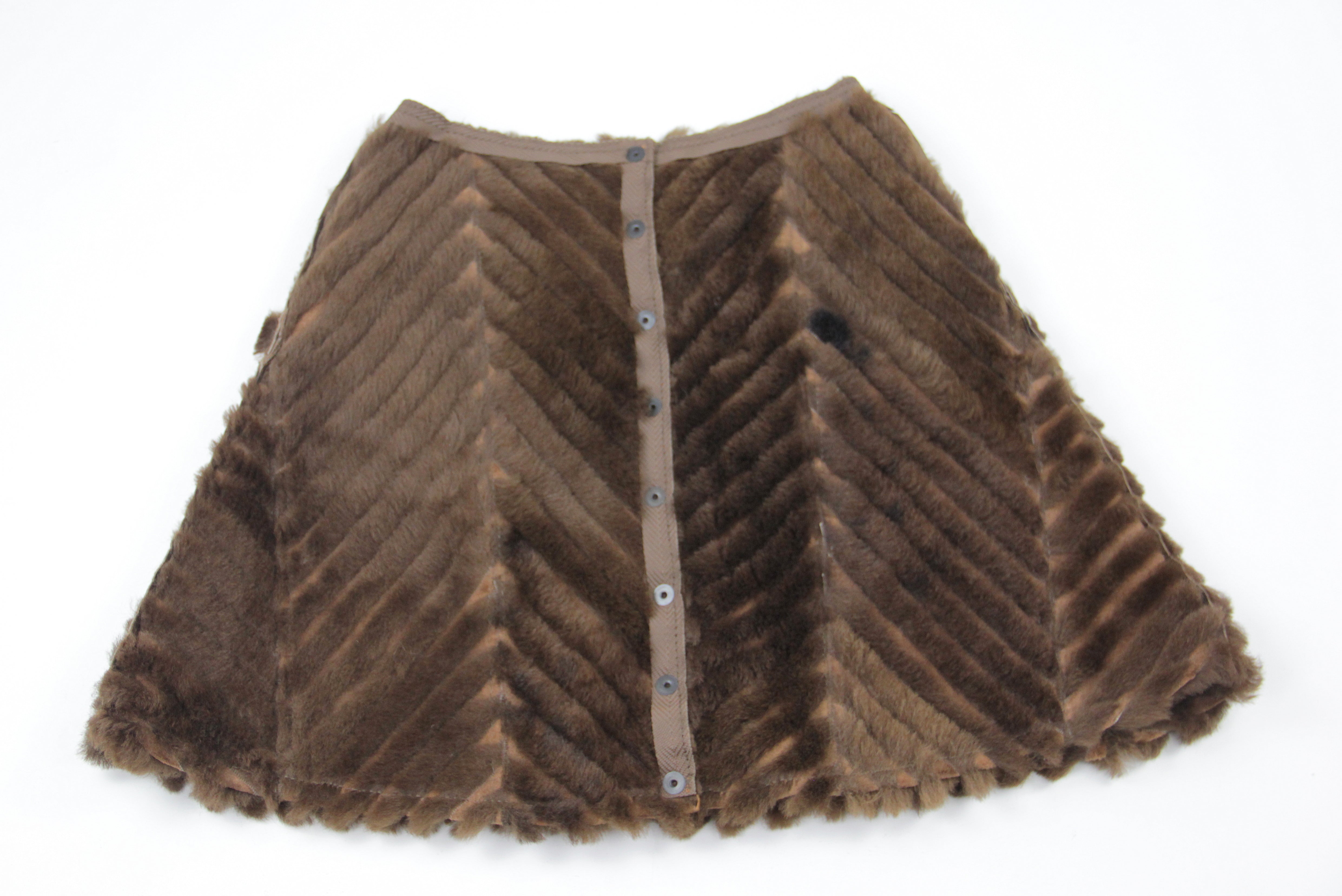 Brown Leather Shearling Double Sided Patchwork Skirt, SIZE XS