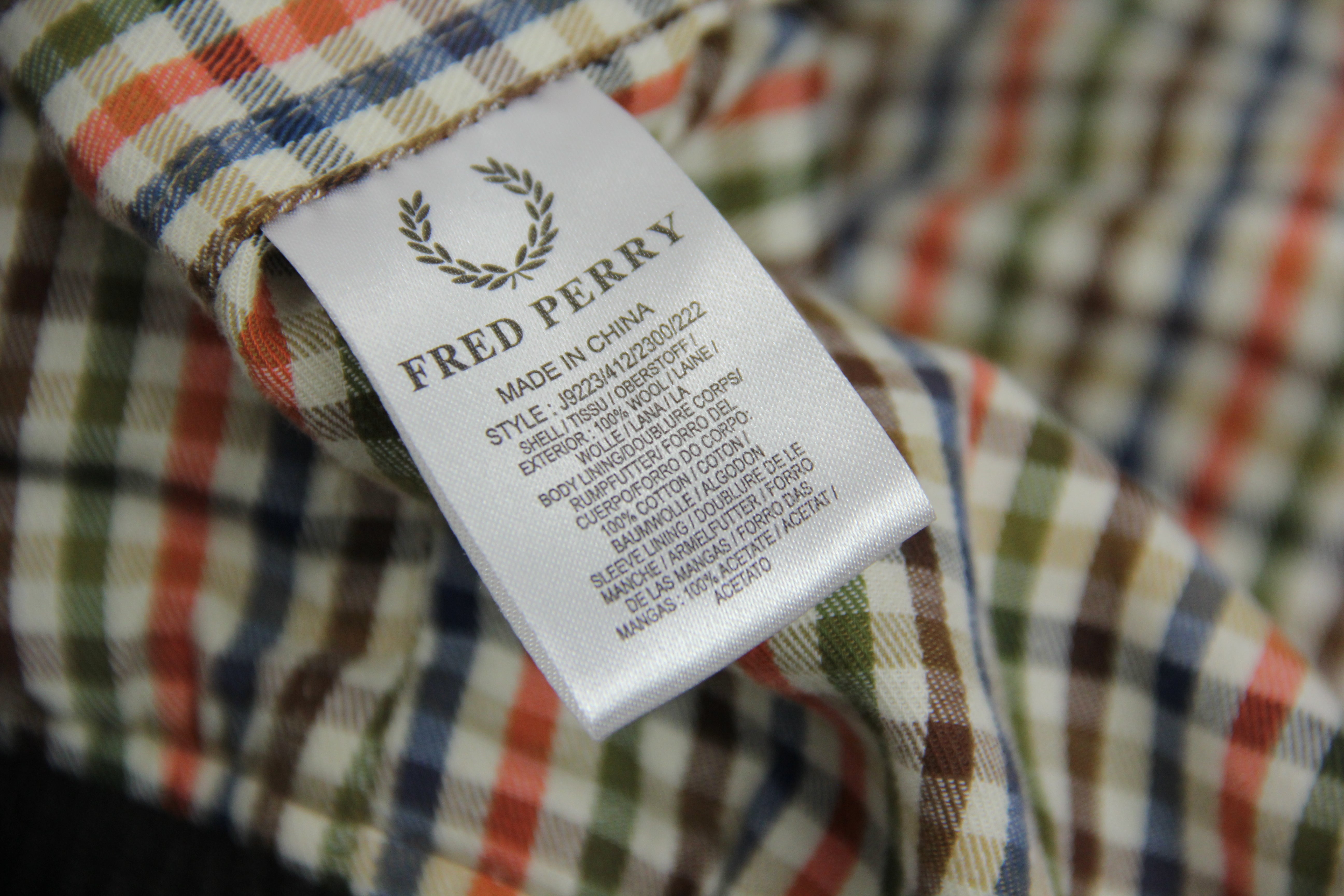 Fred Perry Plaid Wool Harrington Jacket, Size S