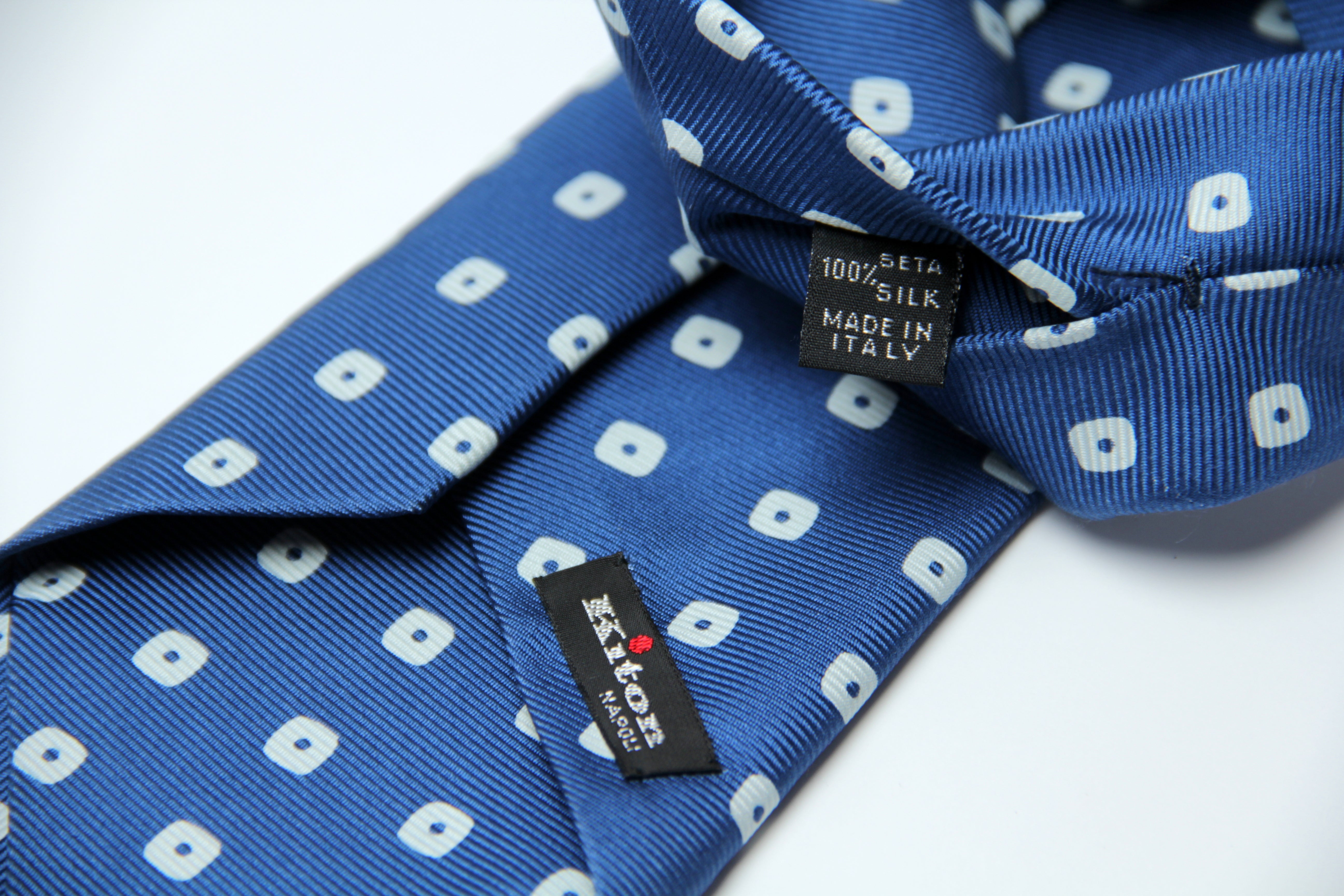 Kiton Napoli Geometric Lozenge Pattern Blue Silk Classic Necktie