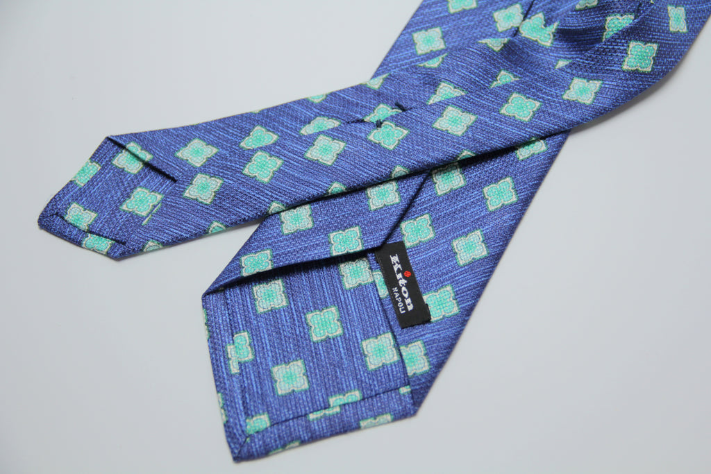 Kiton Napoli Floral Pattern Blue Green Woven Silk Necktie