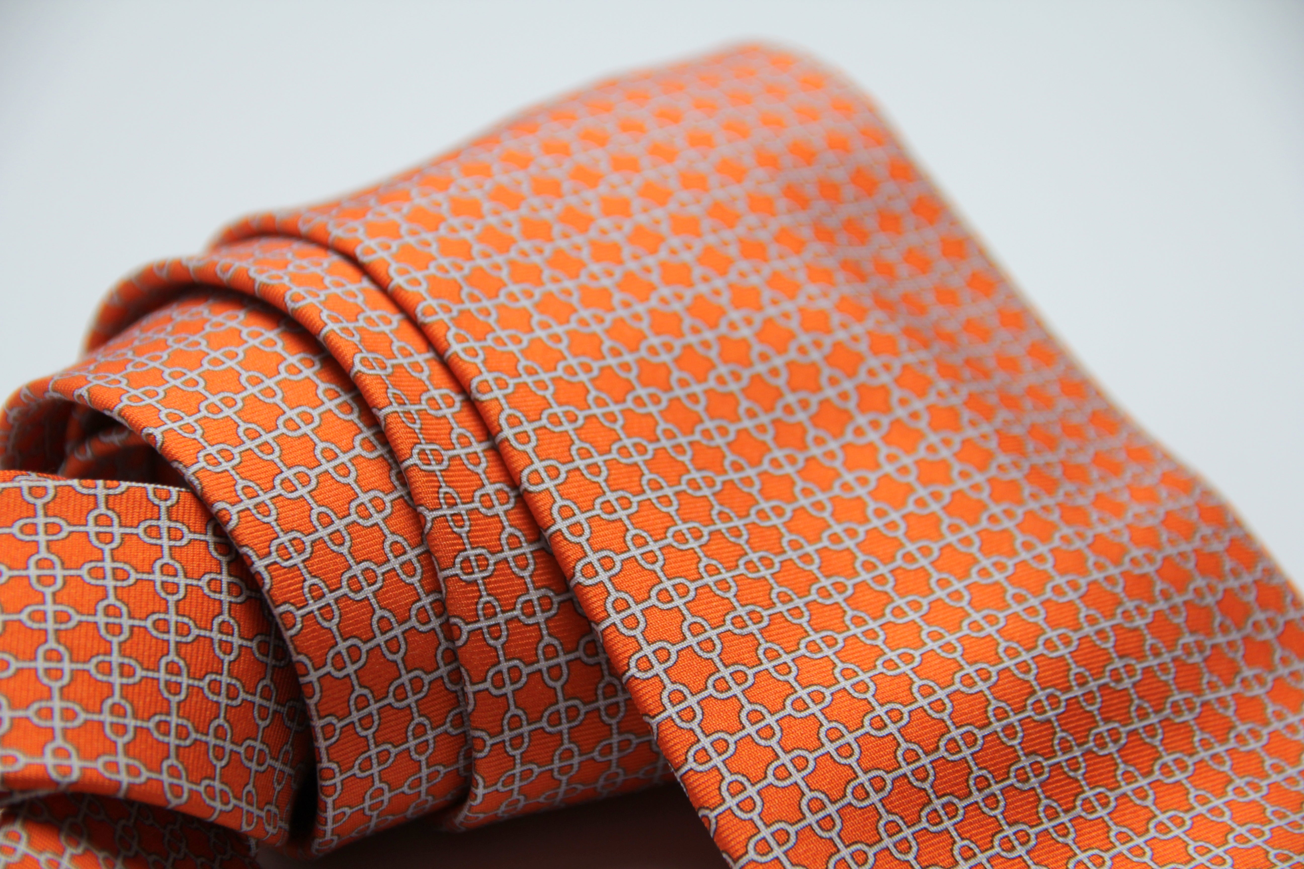 Hermes Classic Geometric Pattern Orange Silk Necktie