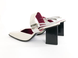Vintage Ivory Leather Square Toe Block Heel Slingback Shoes, US 6/EU 36/UK 3.5