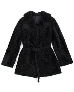 Black Shearling Coat With Tie Waist Belt, SIZE S - second_first