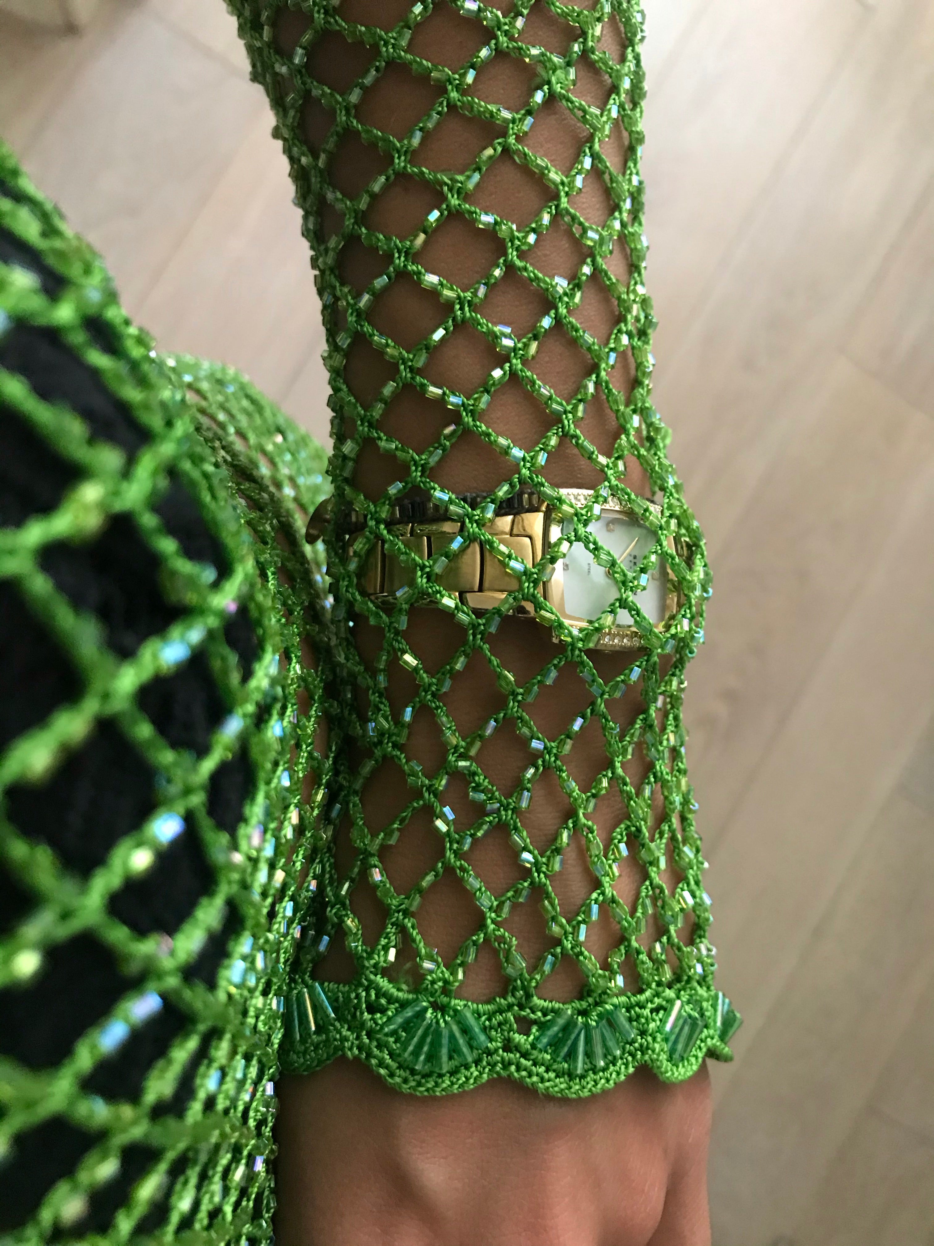Bright Green Beaded Fishnet Long Sleeve Top