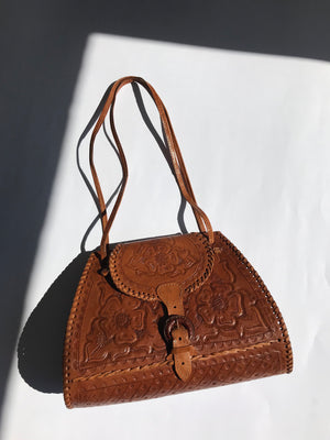 Brown Tooled Leather 70's Boho Style Shoulder Bag