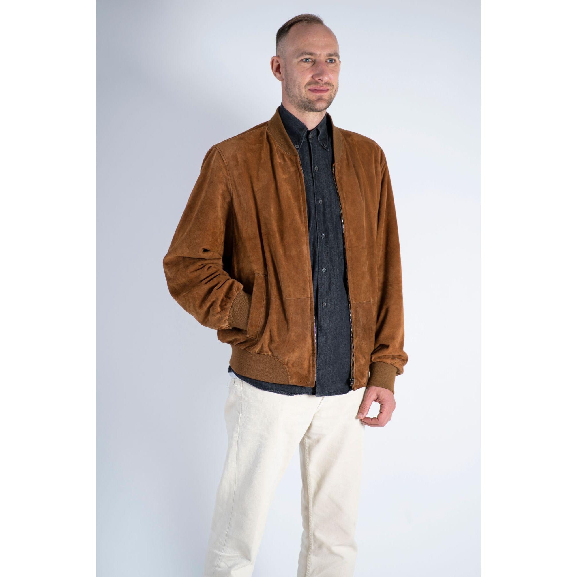 Christ Men’s Soft Brown Suede Leather Bomber Jacket SIZE XL