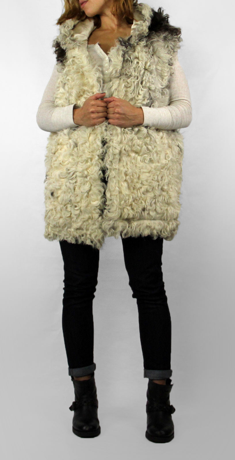 Soft & Curly Goat Fur Hooded Vest With Silk BLend Lining SIZE M - secondfirst
