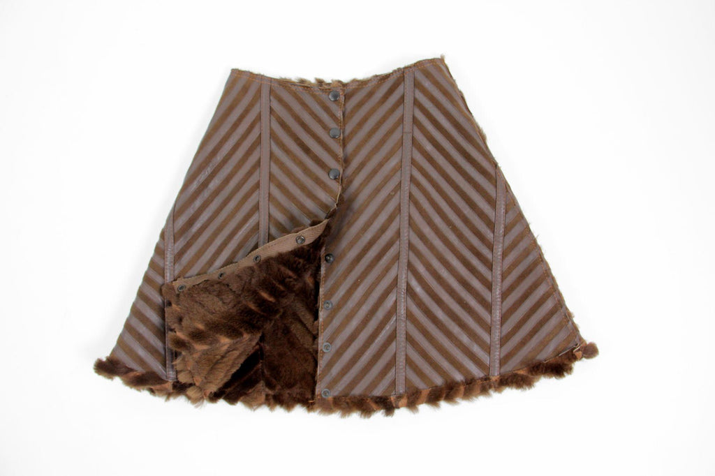 Brown Leather Shearling Double Sided Patchwork Skirt, SIZE XS